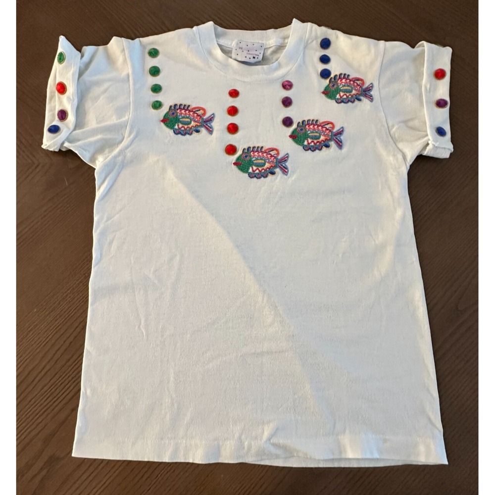 LEARSI Vintage Women's Size Medium Single-Stitch White Tee w/ Embroidered Fish